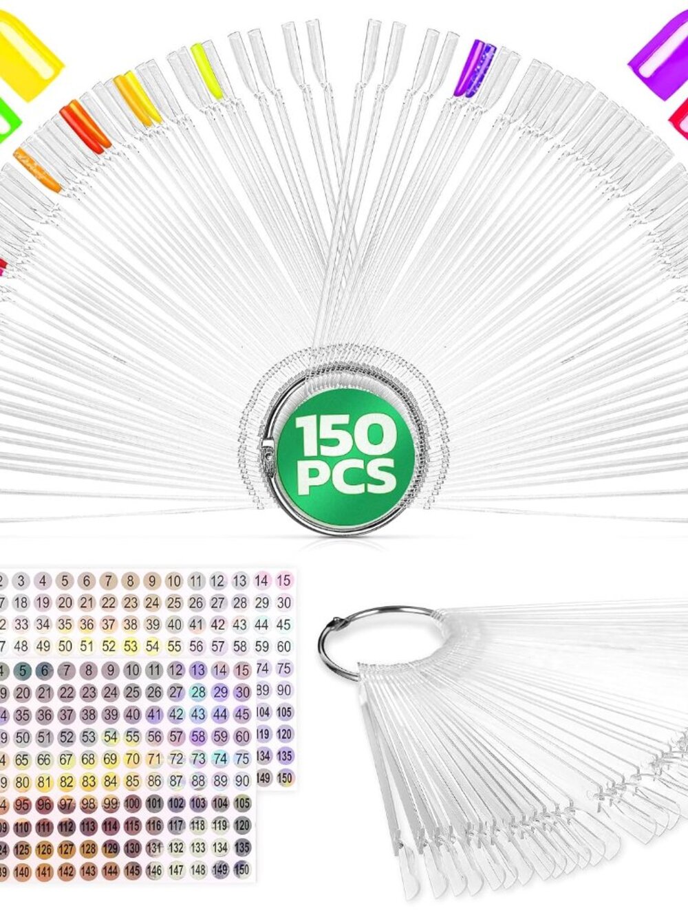 150 Pcs Nail Swatch Sticks with Numbering Stickers, 3 Metal Rings